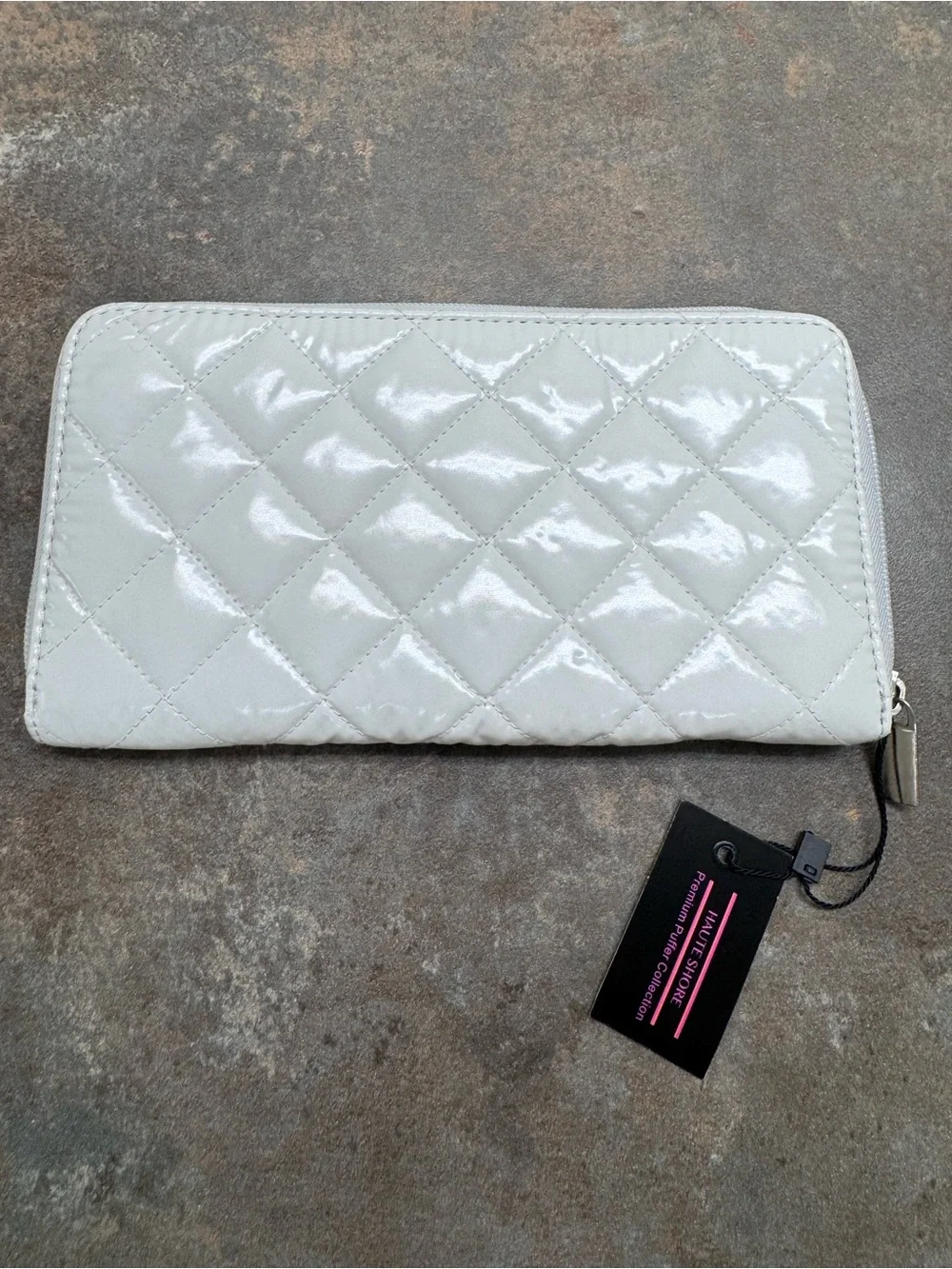 HAUTE SHORE Glossy Quilted Puffer Zip Wallet in White